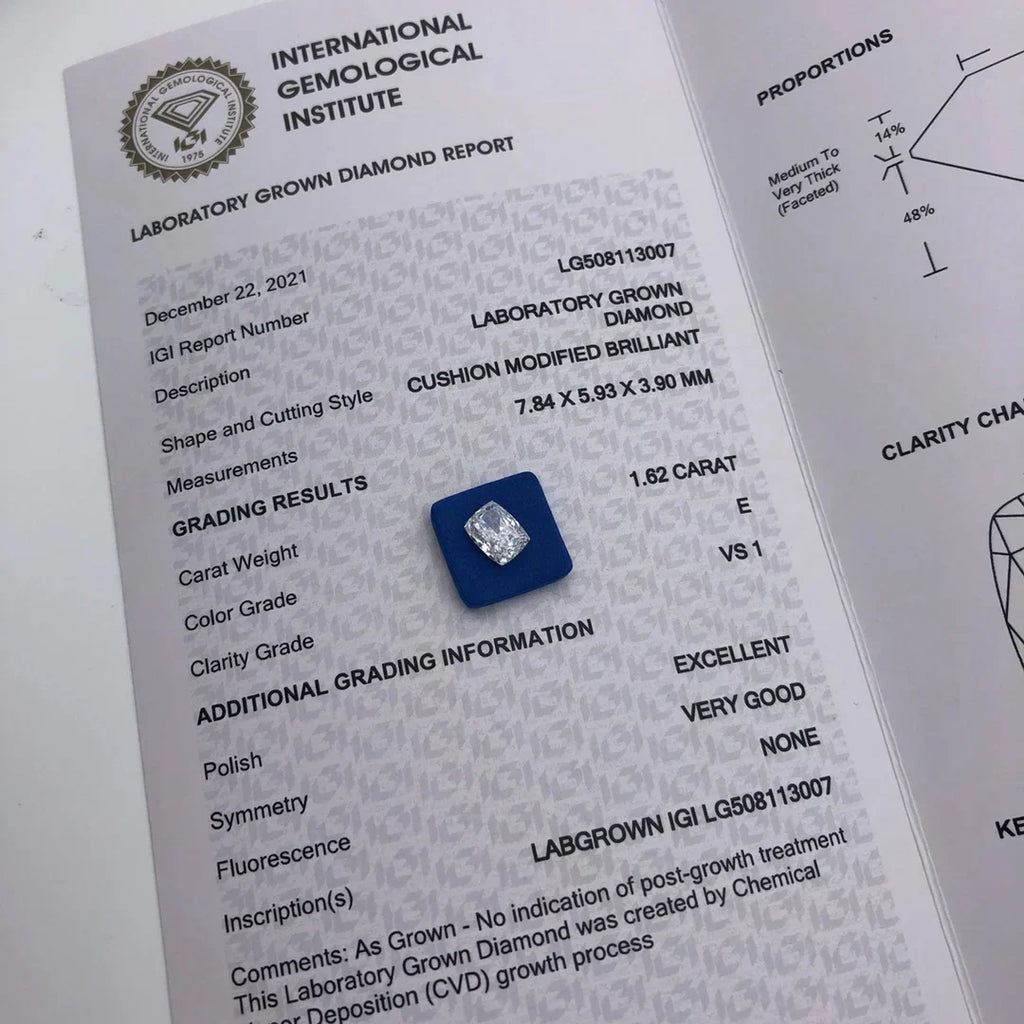 1ct 1.5ct  2ct 2.5 3ct 5ct HPHT CVD Diamond  IGI Certificate Cushion cut lab grown diamonds